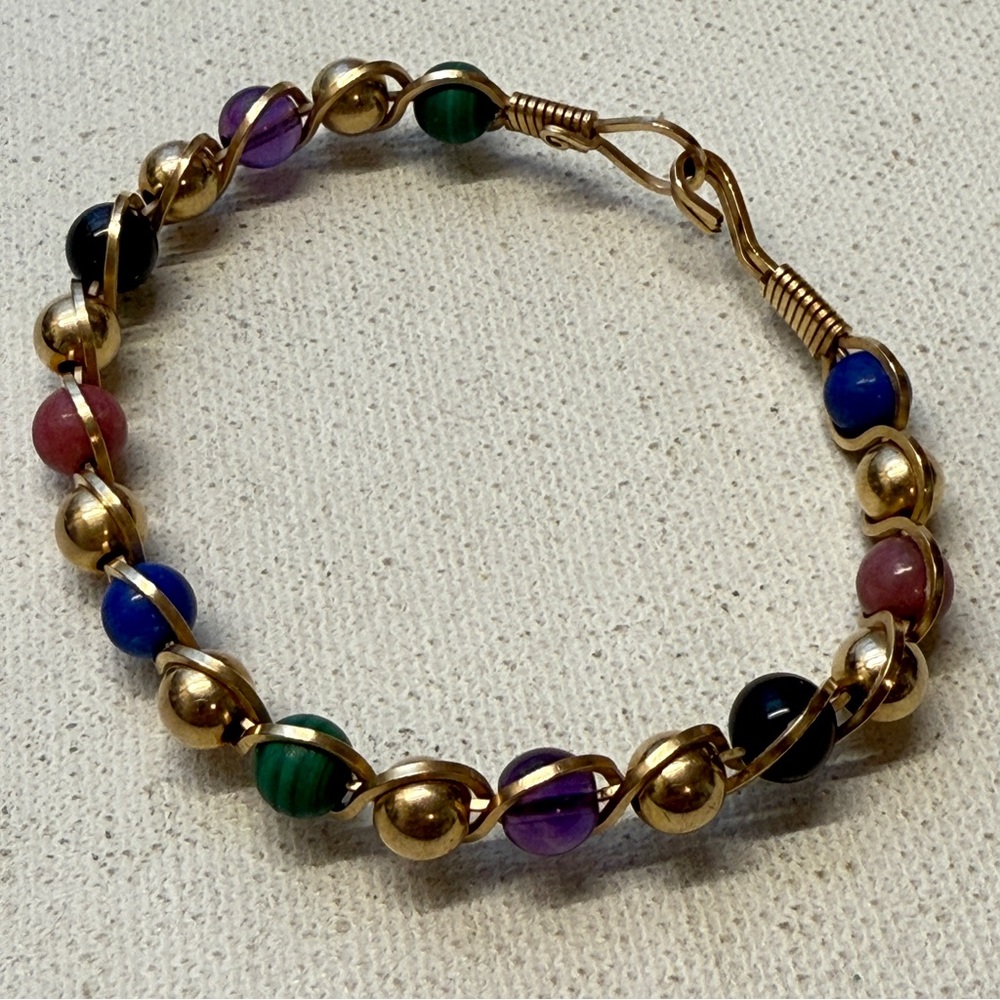 Multi Gemstone GOLD FILLED WIRE WRAPPED BANGLE BRACELET Malachite Onyx Rhodonite - Picture 2 of 6